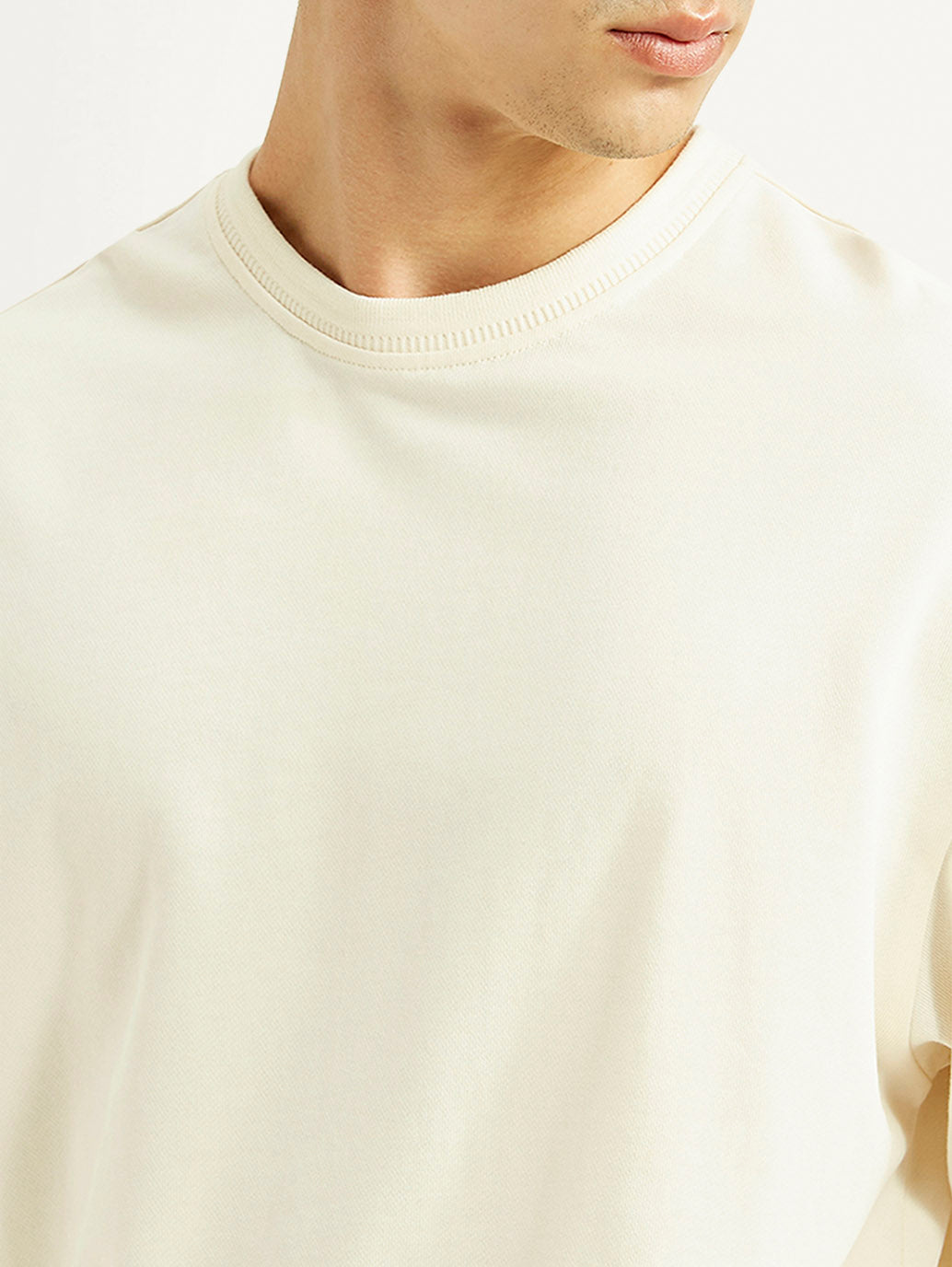 Men's Solid Off White Crew Neck Sweatshirt - Detail View