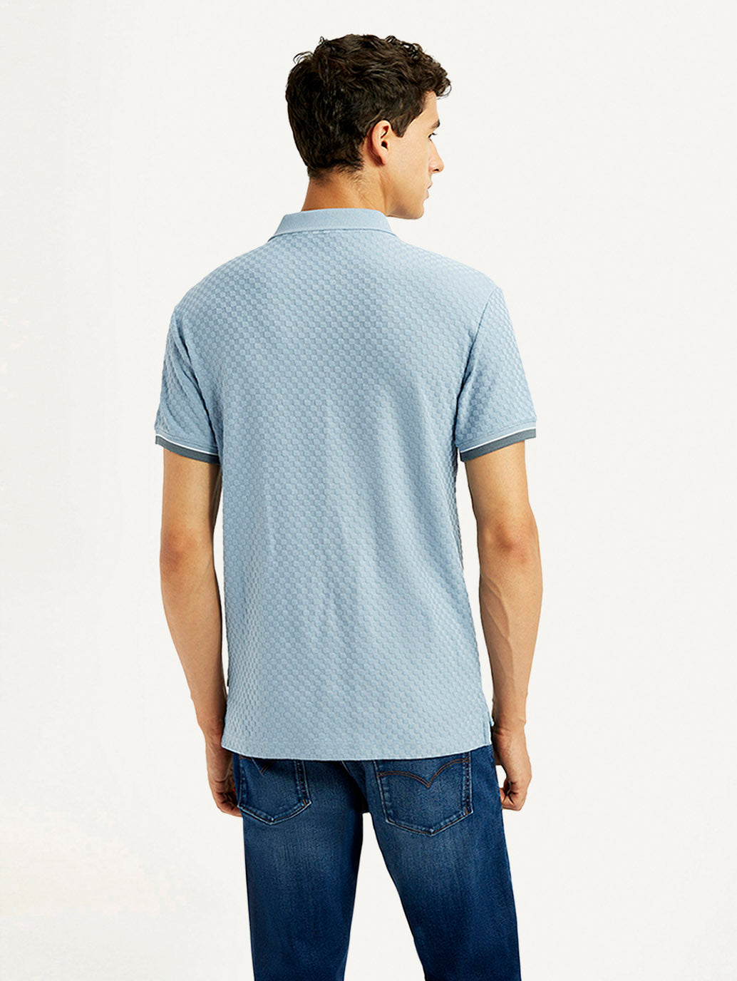 Men's Solid Light Blue Slim Fit Polo T-shirt - Back View