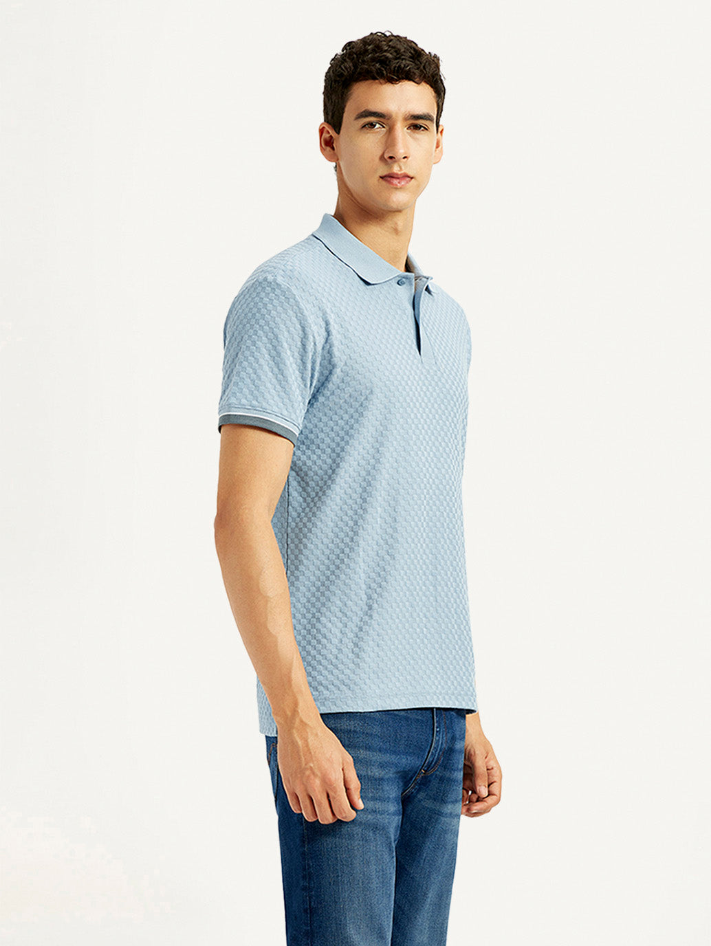 Men's Solid Light Blue Slim Fit Polo T-shirt - Side View