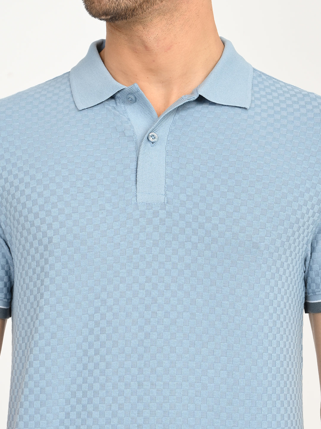Men's Solid Light Blue Slim Fit Polo T-shirt - deatil View