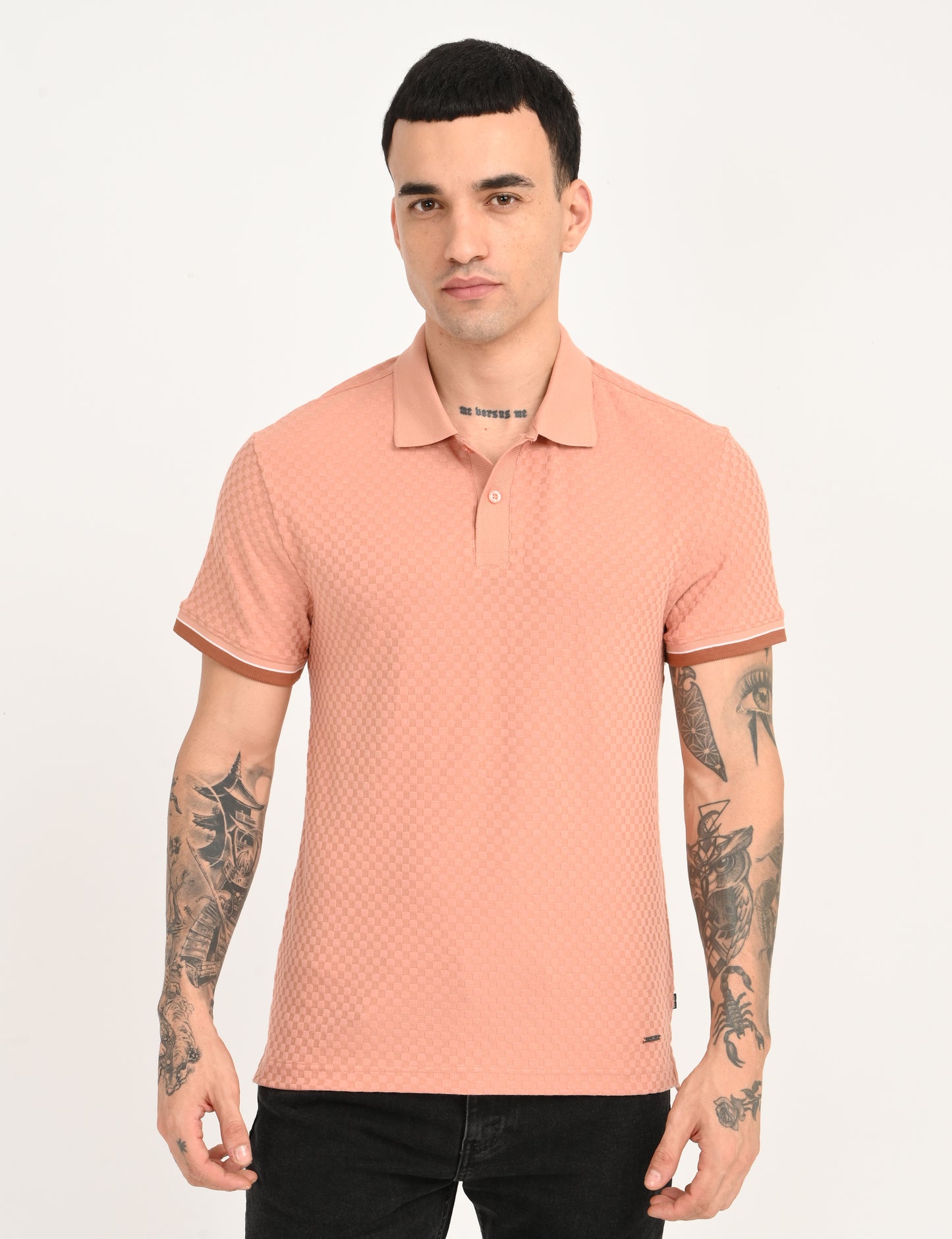 Men's Redloop Textured Pink Slim Fit Polo T-shirt - frount View