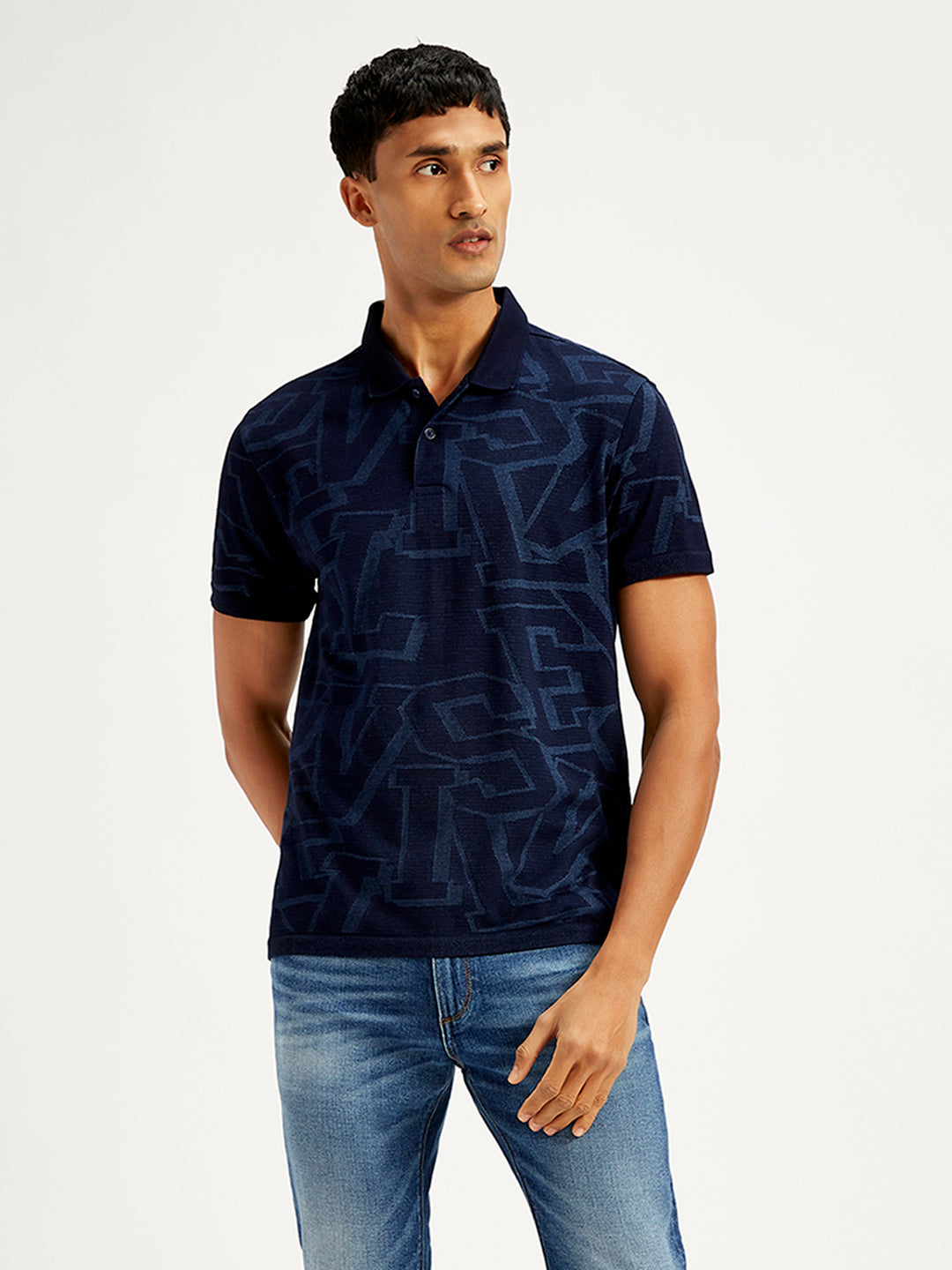 Men's Typographic Print Slim Fit Polo T-Shirt - Front View