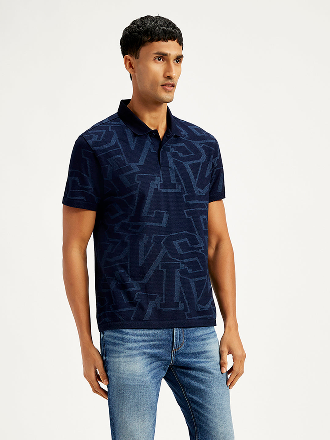 Men's Typographic Print Slim Fit Polo T-Shirt - Side View