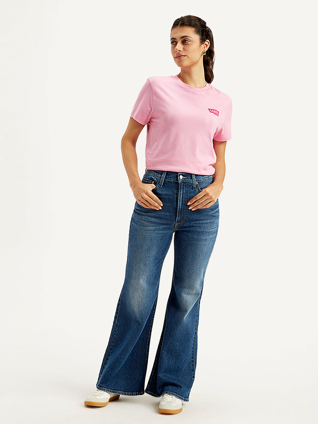 Women's Blue Ribcage Bell Bottom Wide Leg Fit High Rise Jeans - Front View