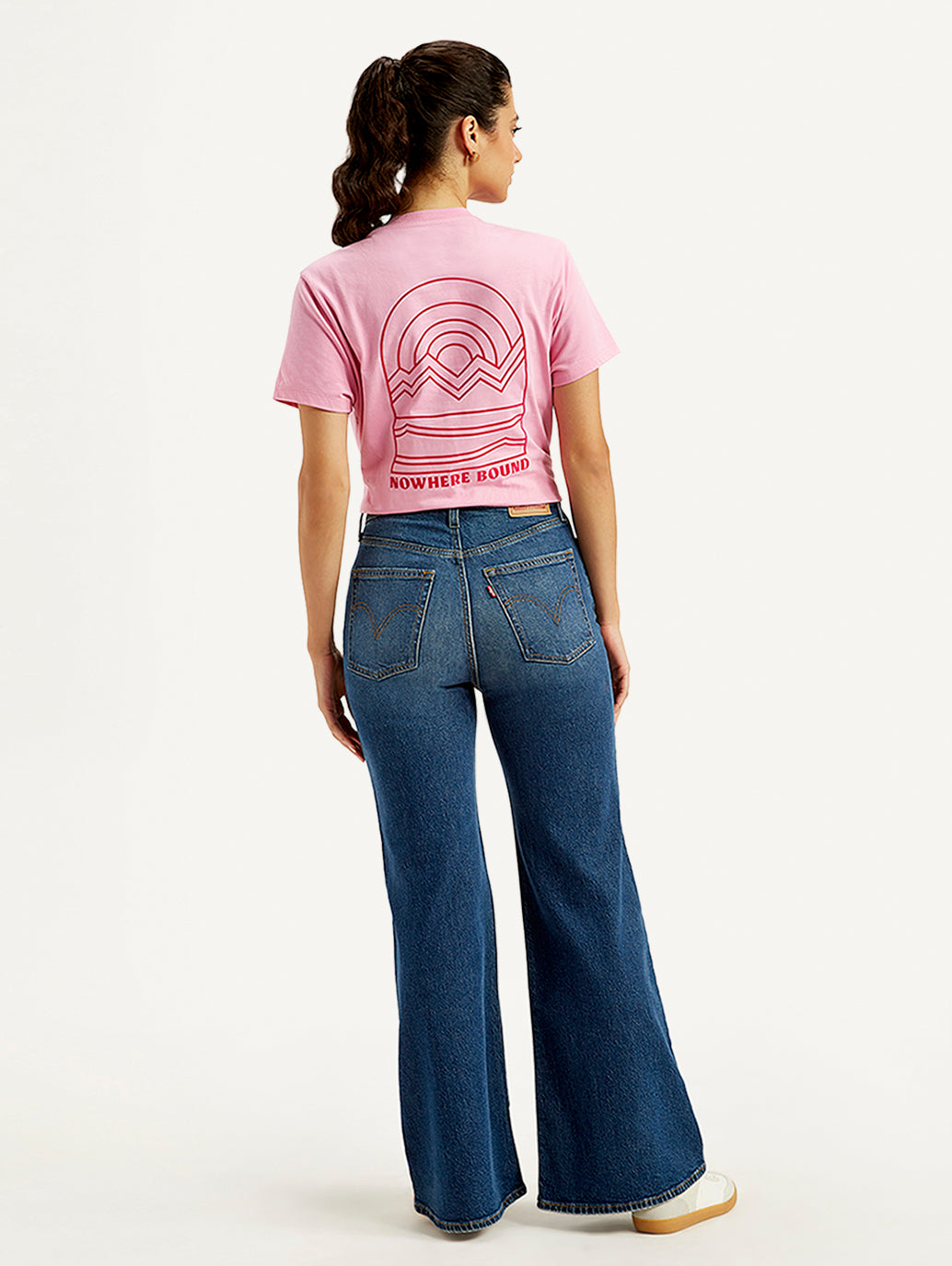 Women's Blue Ribcage Bell Bottom Wide Leg Fit High Rise Jeans - Back View