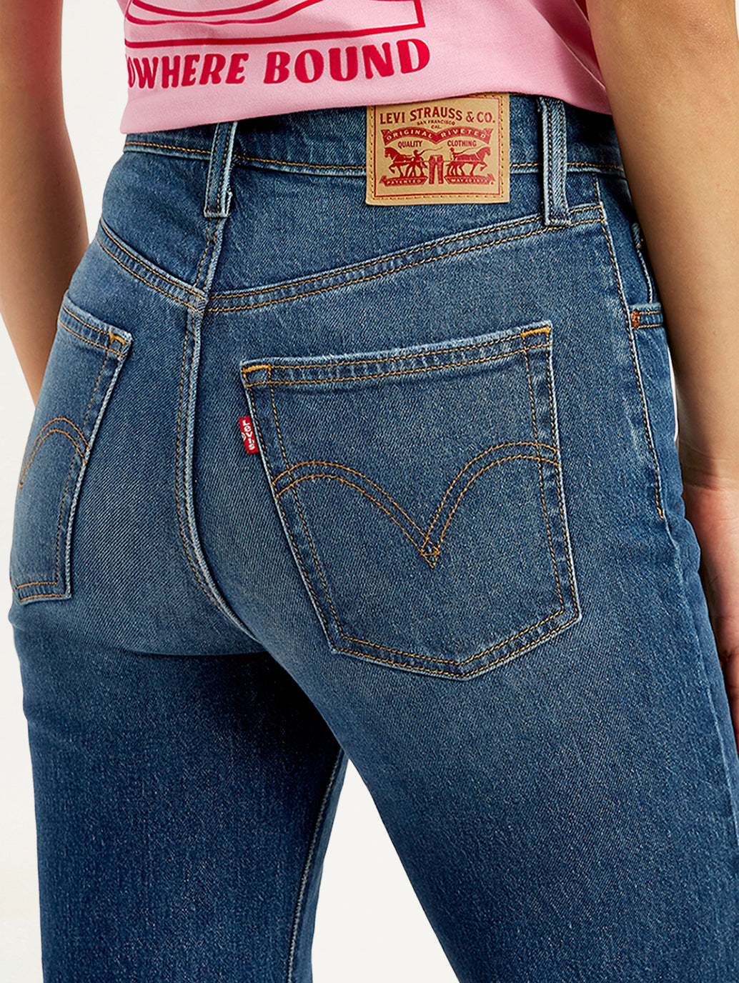 Women's Blue Ribcage Bell Bottom Wide Leg Fit High Rise Jeans - Detail View