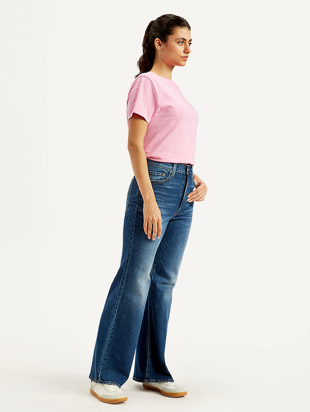 Women's Blue Ribcage Bell Bottom Wide Leg Fit High Rise Jeans - Side View