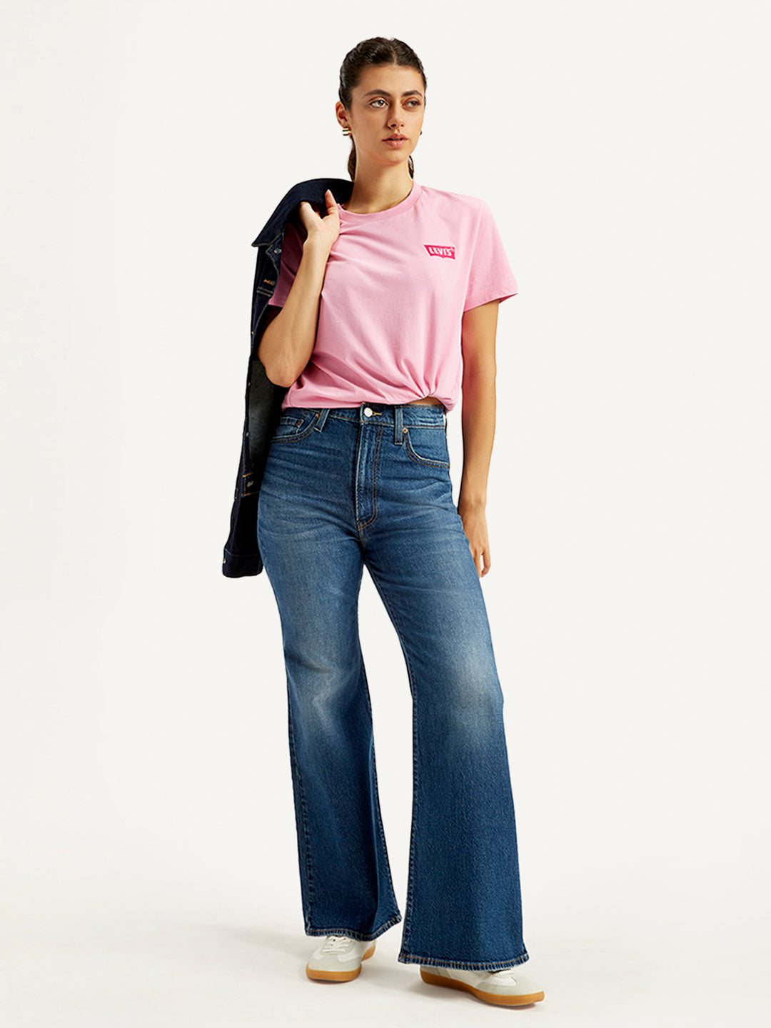 Women's Blue Ribcage Bell Bottom Wide Leg Fit High Rise Jeans - Styleshot View