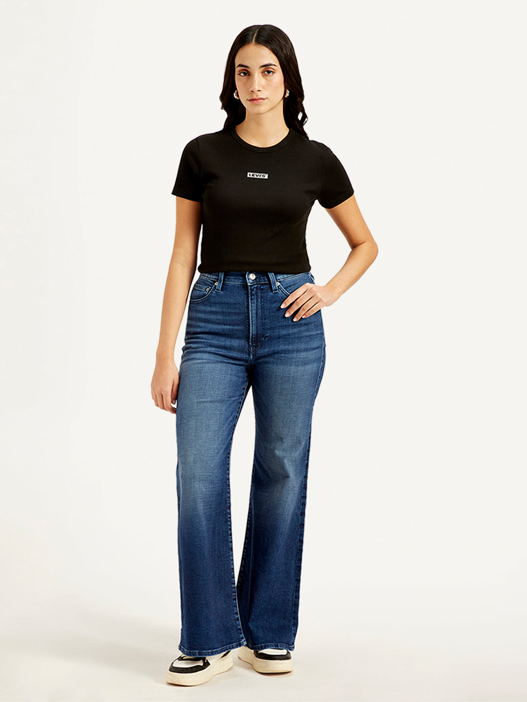 Women's Blue Ribcage Bell Bottom Wide Leg Fit High Rise Jeans - Front View