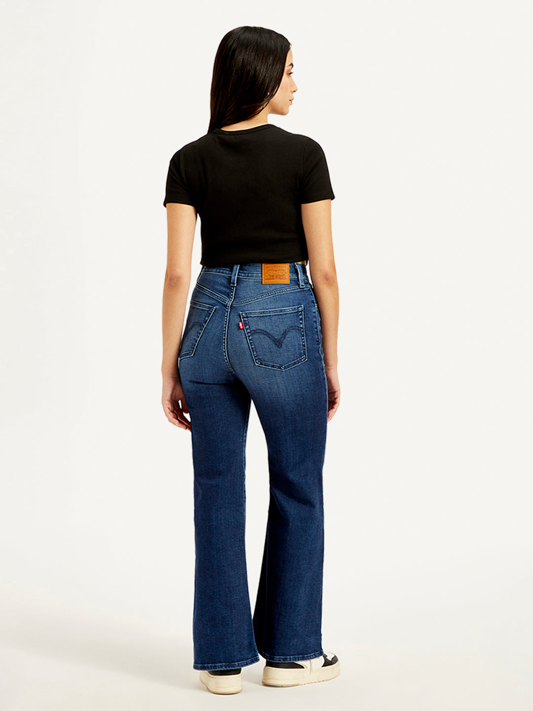 Women's Blue Ribcage Bell Bottom Wide Leg Fit High Rise Jeans - Back View