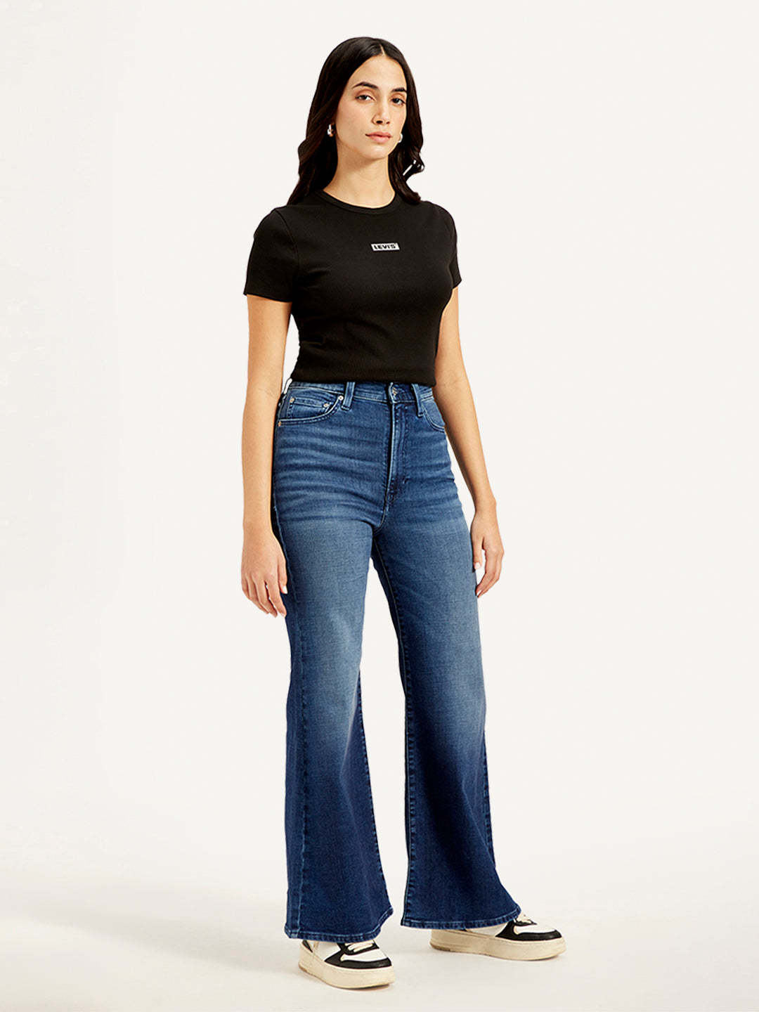 Women's Blue Ribcage Bell Bottom Wide Leg Fit High Rise Jeans - Side View