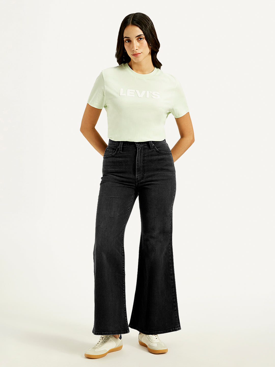 Women's Black Ribcage Bell Bottom Wide Leg Fit High Rise Jeans - Front View