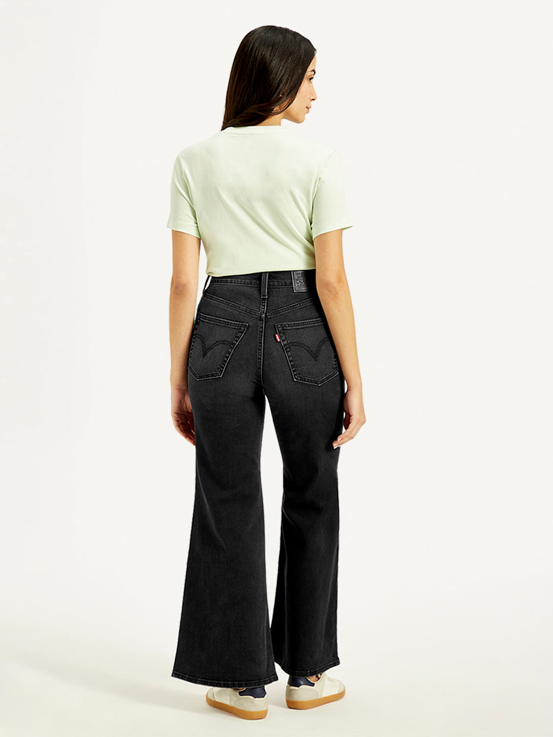 Women's Black Ribcage Bell Bottom Wide Leg Fit High Rise Jeans - Back View