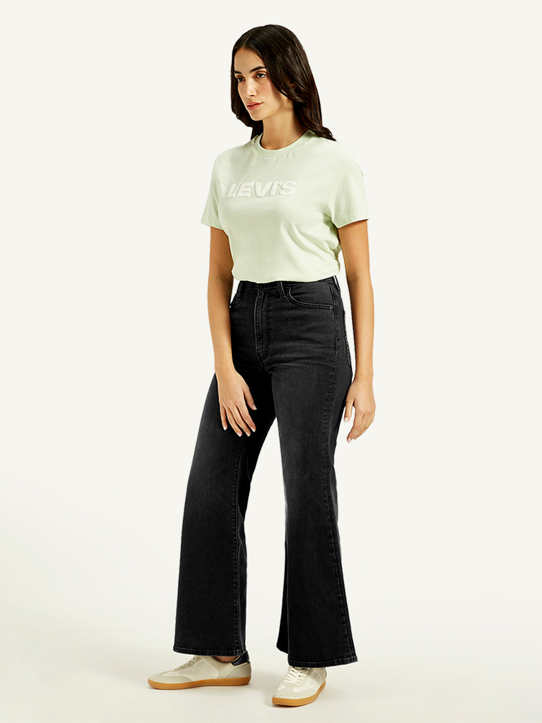 Women's Black Ribcage Bell Bottom Wide Leg Fit High Rise Jeans - Side View
