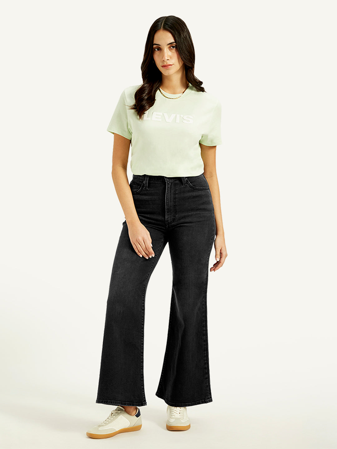 Women's Black Ribcage Bell Bottom Wide Leg Fit High Rise Jeans - Styleshot View
