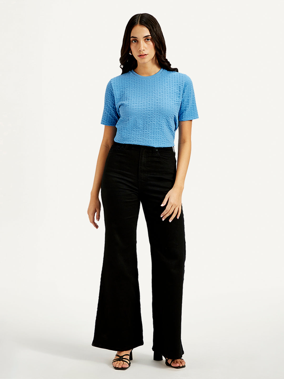 Women's Black Ribcage Bell Bottom Wide Leg Fit High Rise Jeans - Front View