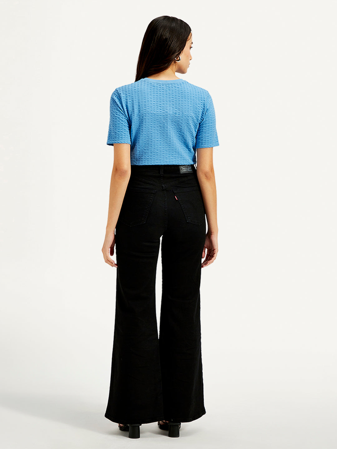 Women's Black Ribcage Bell Bottom Wide Leg Fit High Rise Jeans - Back View