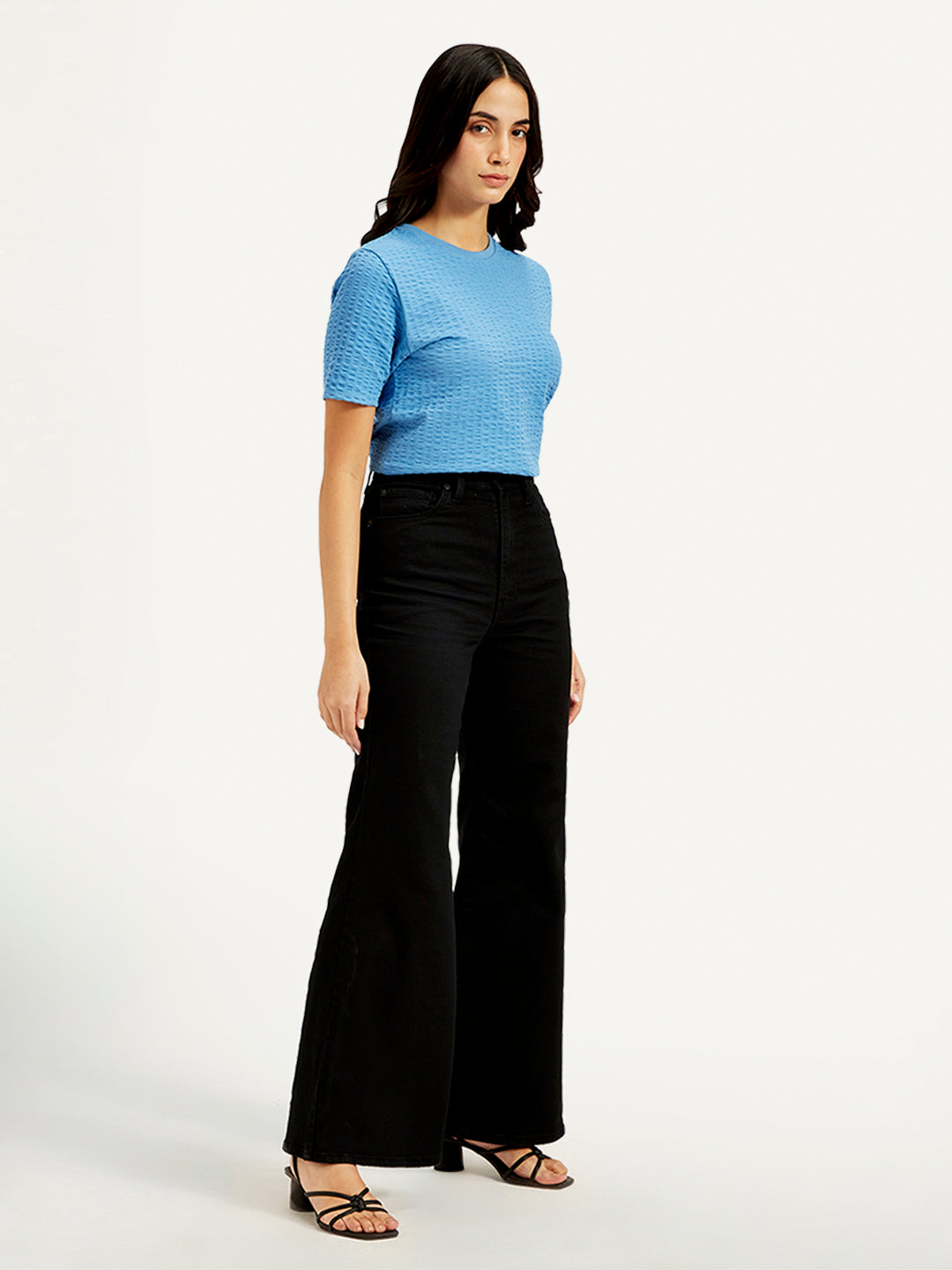Women's Black Ribcage Bell Bottom Wide Leg Fit High Rise Jeans - Side View