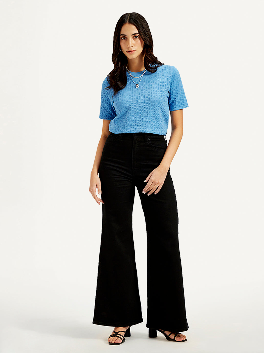 Women's Black Ribcage Bell Bottom Wide Leg Fit High Rise Jeans - Styleshot View
