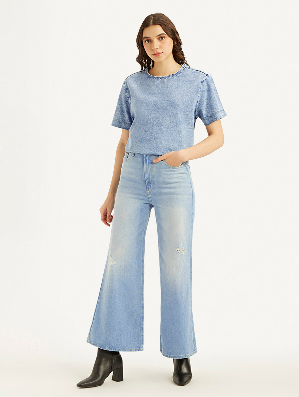 Women's Blue Ribcage Bell Bottom Wide Leg Fit High Rise Jeans - 54f9ce1a-2812-490a-8e66-833accf84965 View