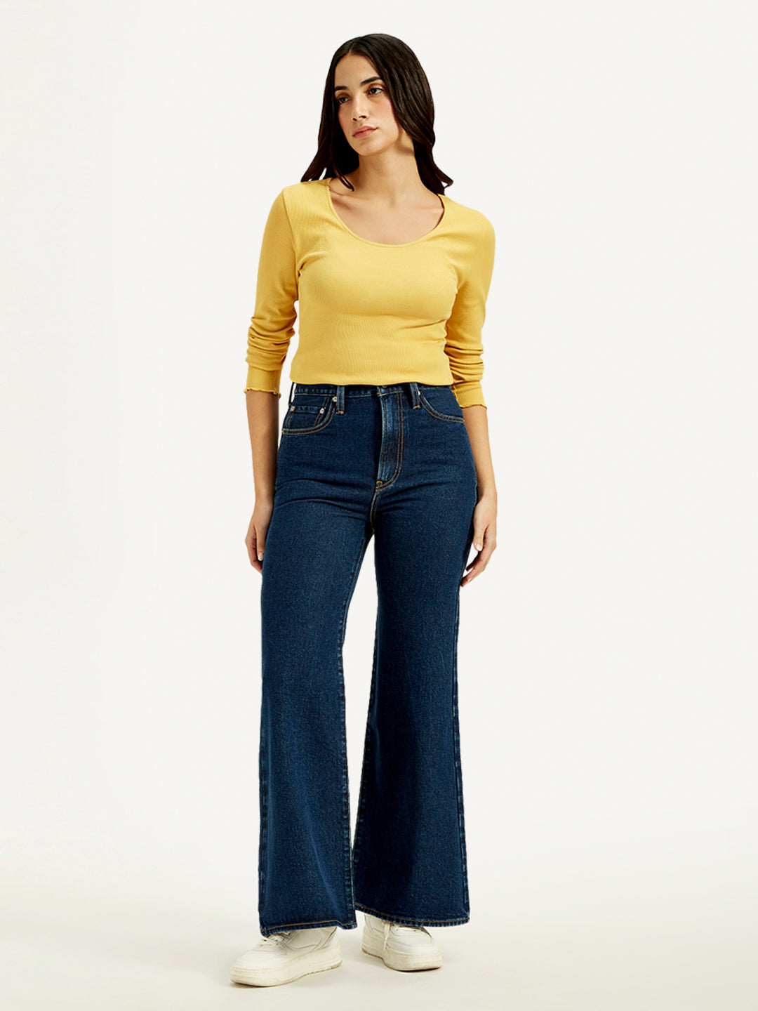 Women's Navy Blue Ribcage Bell Bottom Wide Leg Fit High Rise Jeans - Front View