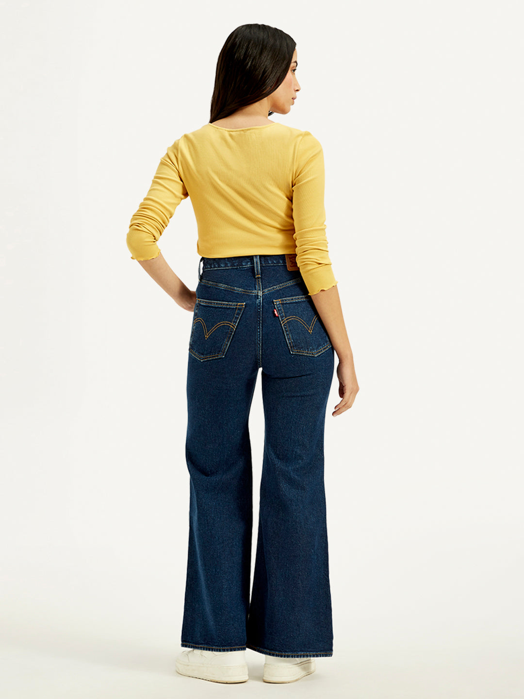 Women's Navy Blue Ribcage Bell Bottom Wide Leg Fit High Rise Jeans - Back View