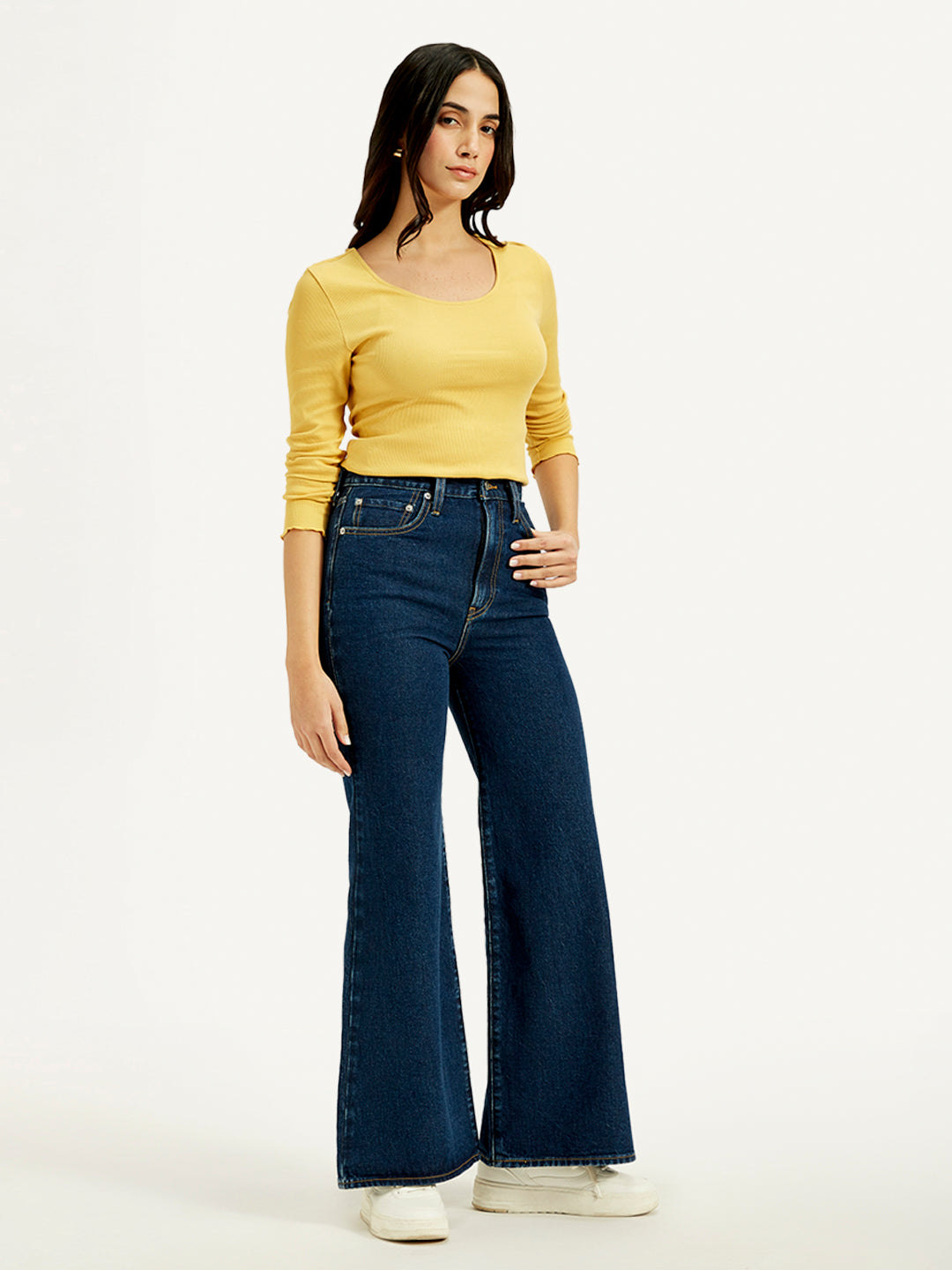 Women's Navy Blue Ribcage Bell Bottom Wide Leg Fit High Rise Jeans - Side View