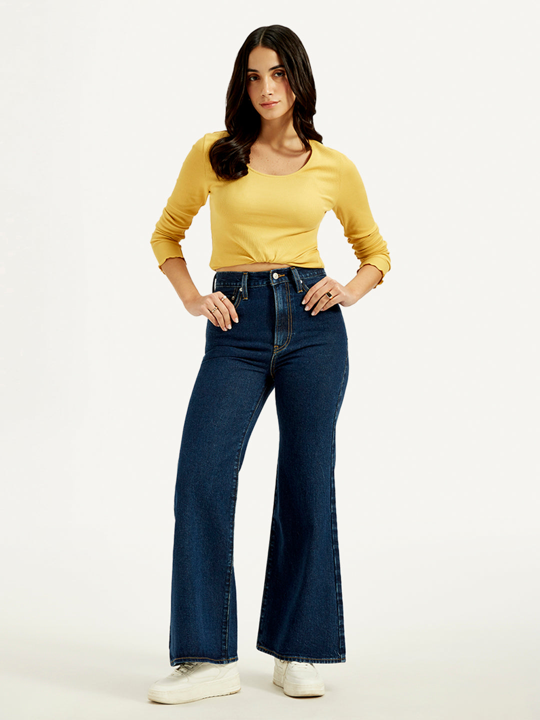 Women's Navy Blue Ribcage Bell Bottom Wide Leg Fit High Rise Jeans - Styleshot View