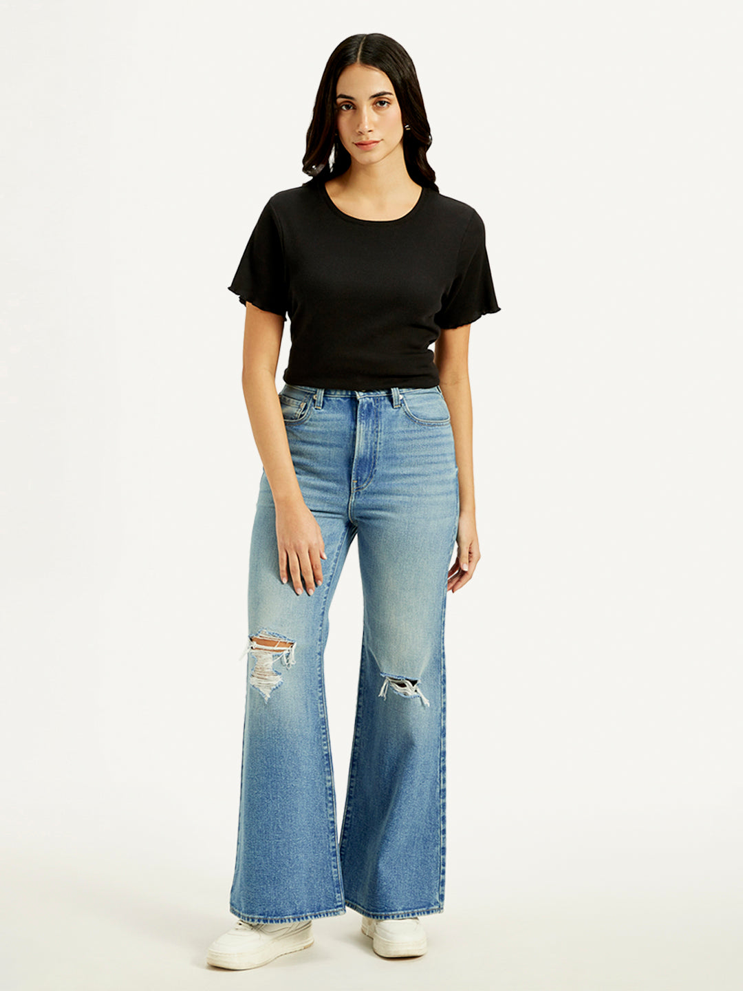 Women's Blue Ribcage Bell Bottom Wide Leg Fit High Rise Jeans - Front View