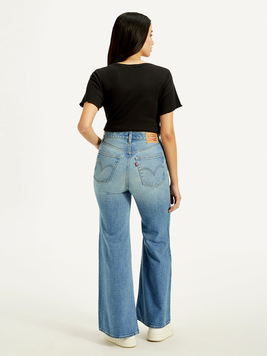 Women's Blue Ribcage Bell Bottom Wide Leg Fit High Rise Jeans - Back View