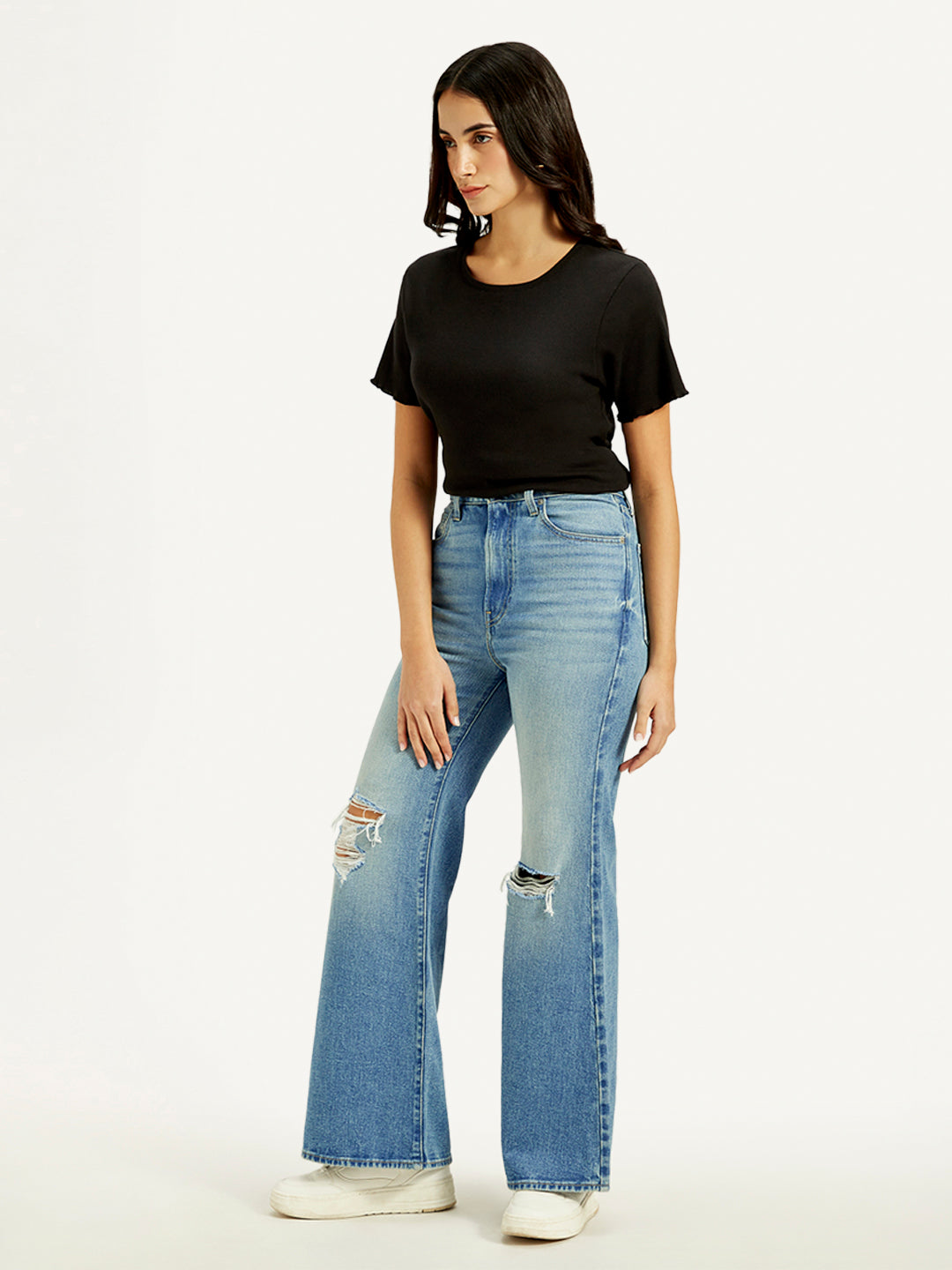 Women's Blue Ribcage Bell Bottom Wide Leg Fit High Rise Jeans - Side View