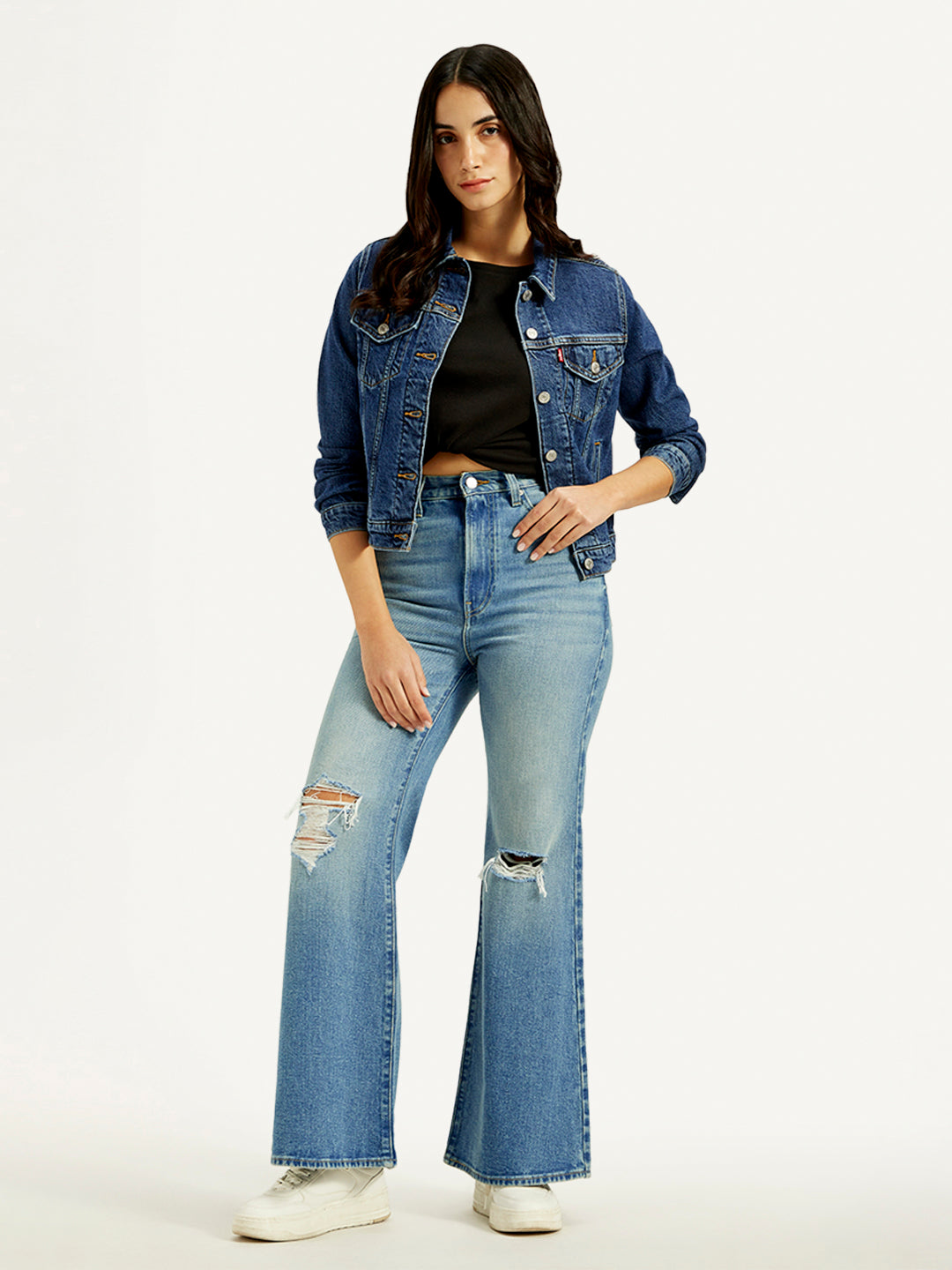 Women's Blue Ribcage Bell Bottom Wide Leg Fit High Rise Jeans - Styleshot View