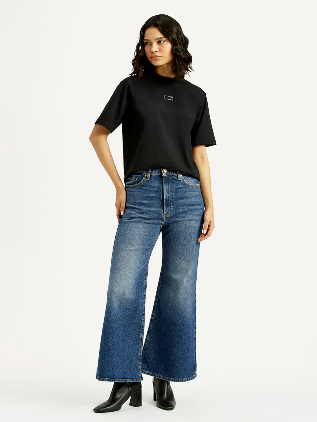 Women's Blue Ribcage Bell Bottom Wide Leg Fit Mid Rise Jeans