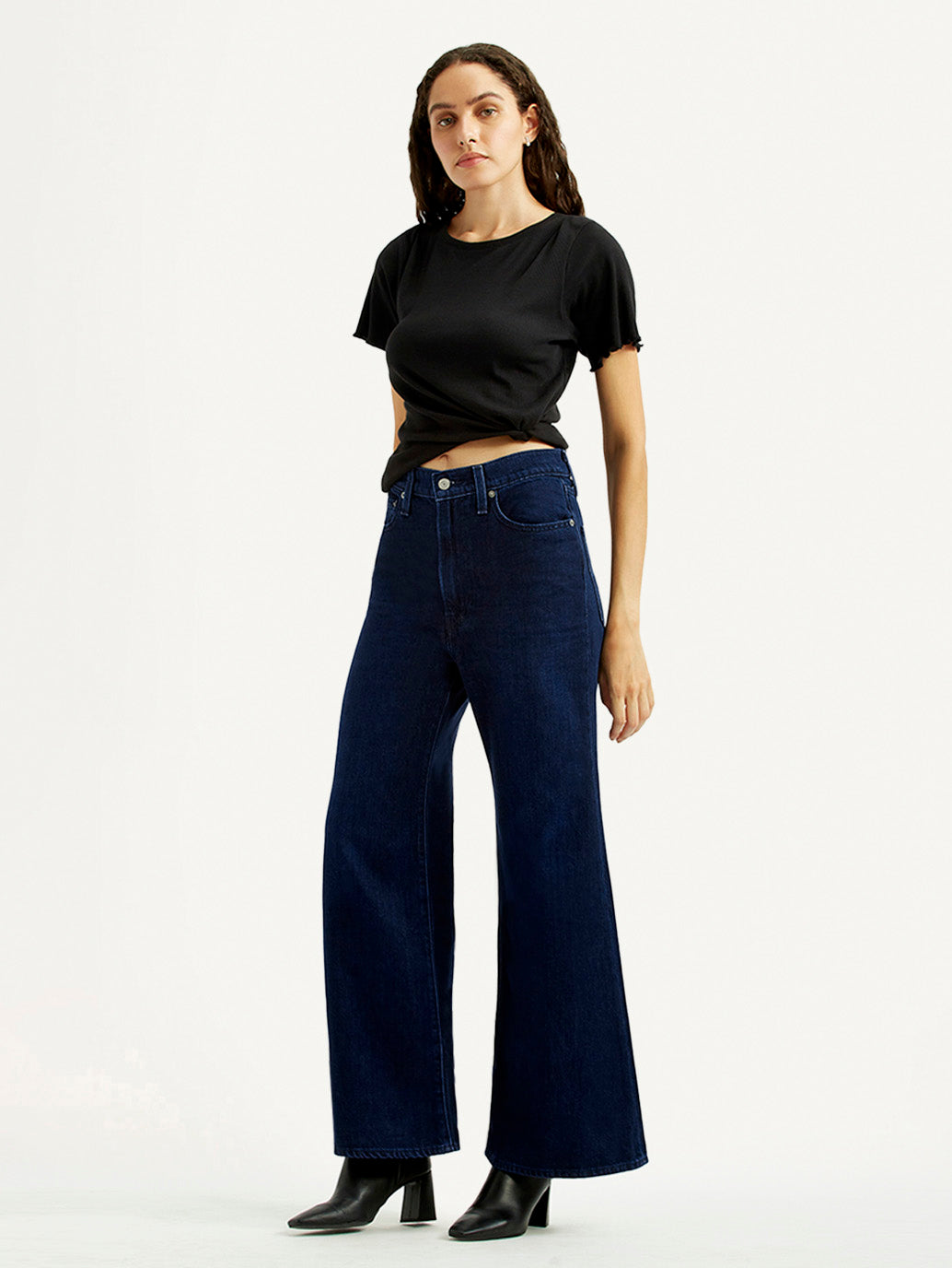 Women's Navy Ribcage Wide Leg Fit Bell Bottom High Rise Jeans - Styleshot View
