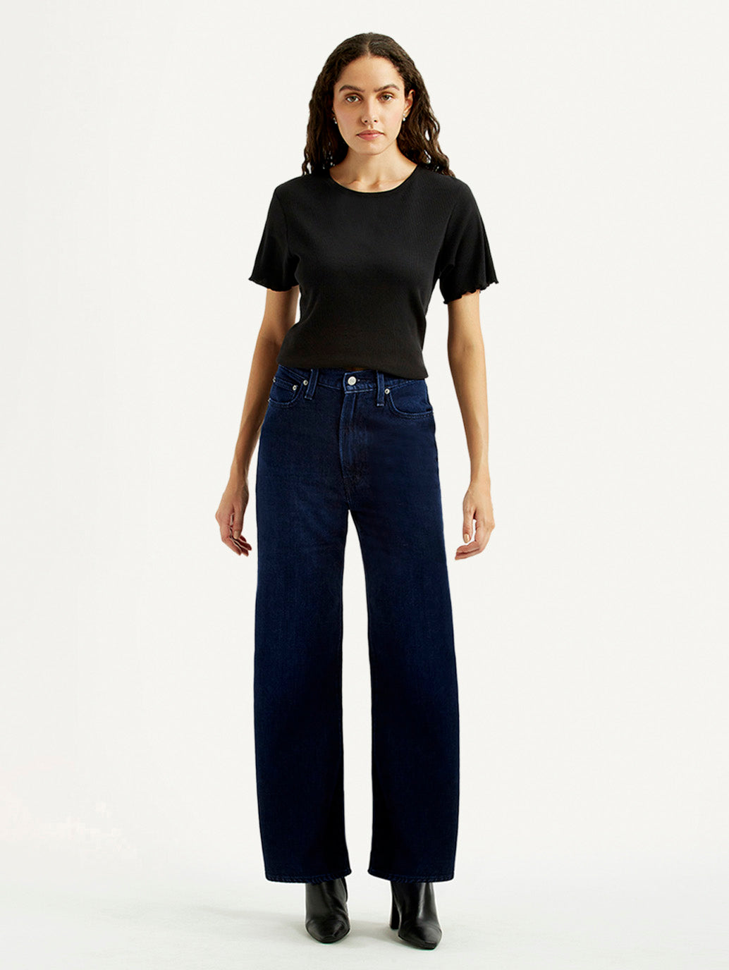 Women's Navy Ribcage Wide Leg Fit Bell Bottom High Rise Jeans - Front View