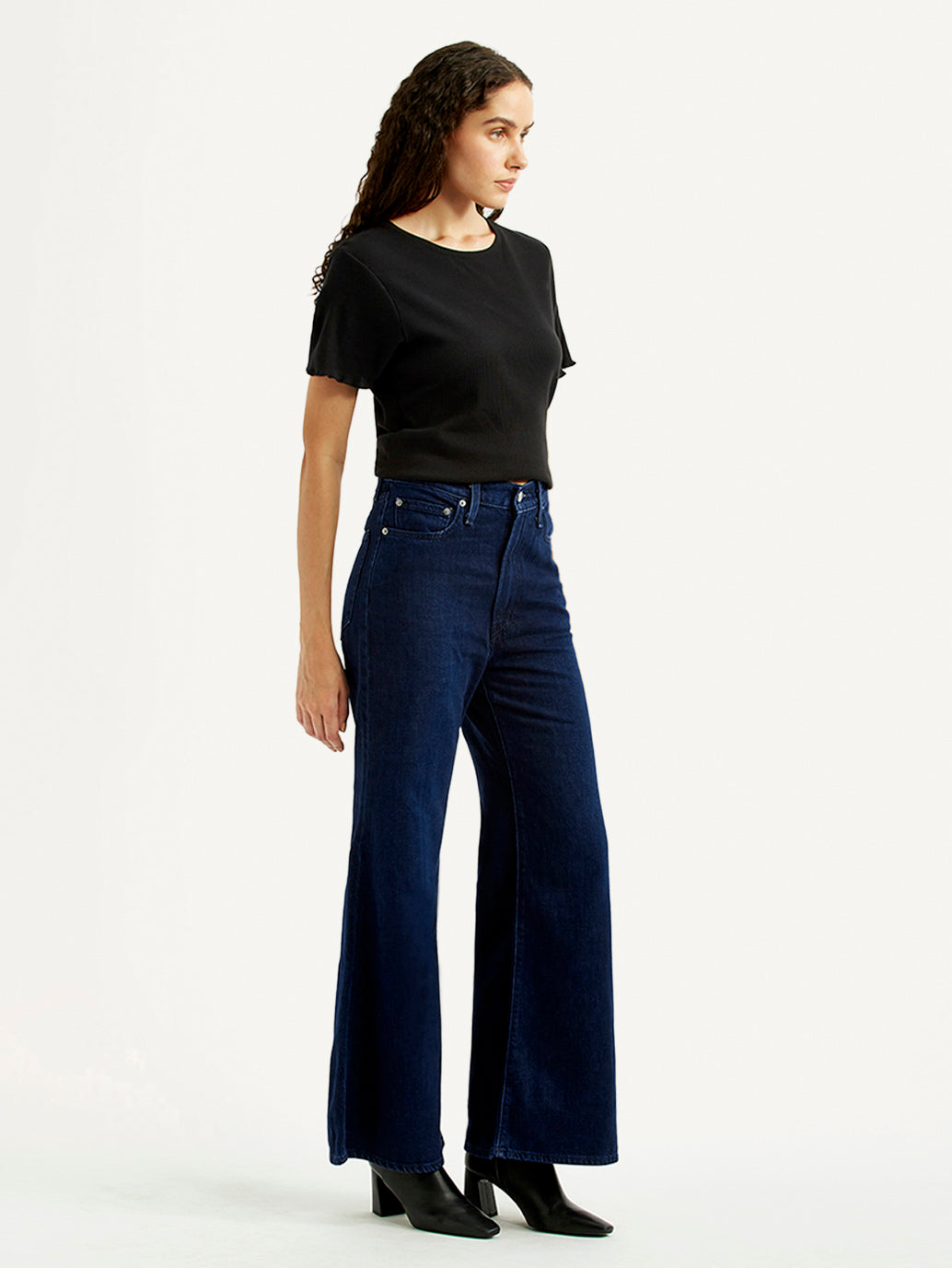 Women's Navy Ribcage Wide Leg Fit Bell Bottom High Rise Jeans - Side View