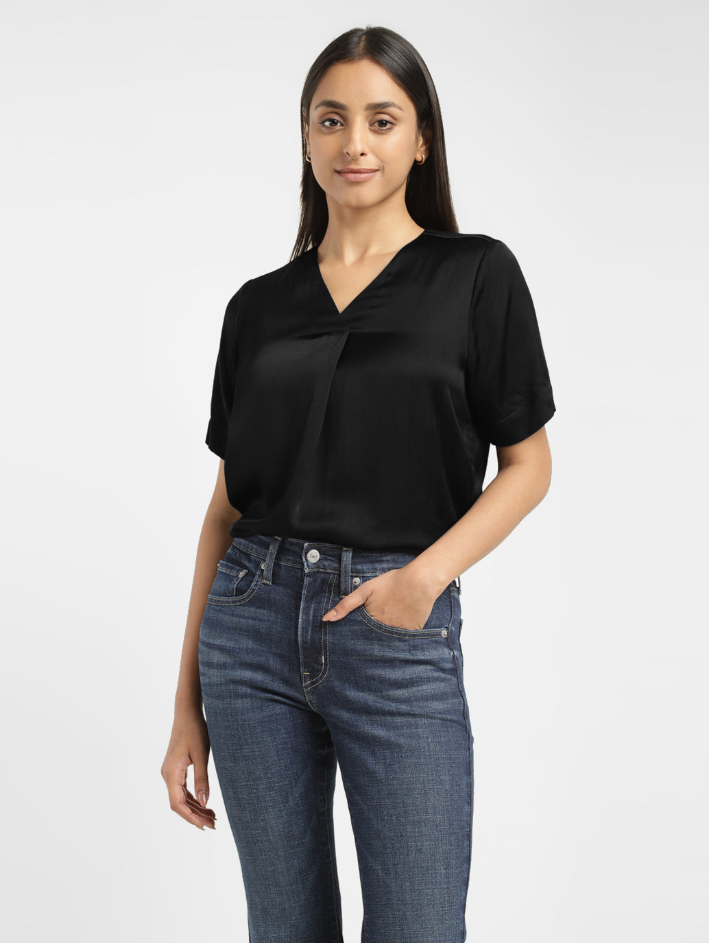 Women's Solid Black V Neck Top - e1e460cf-8631-4418-be47-674a194c71e4 View