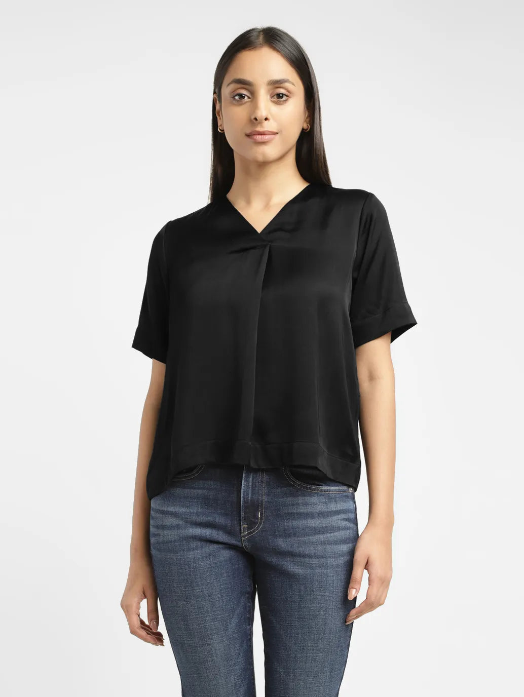 Women's Solid Black V Neck Top - 128a052e-7d04-4afe-a59d-b35ab58f5696 View