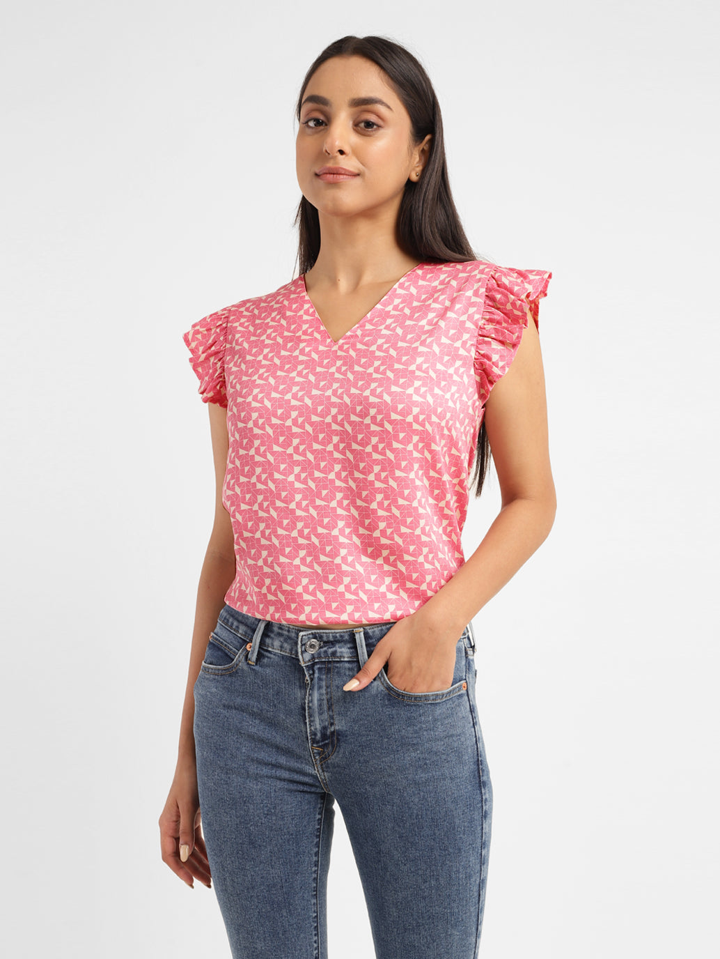 Women's Geometric Pink V Neck Top - 410c6542-4a36-42d5-8c9f-0e236ae42564 View