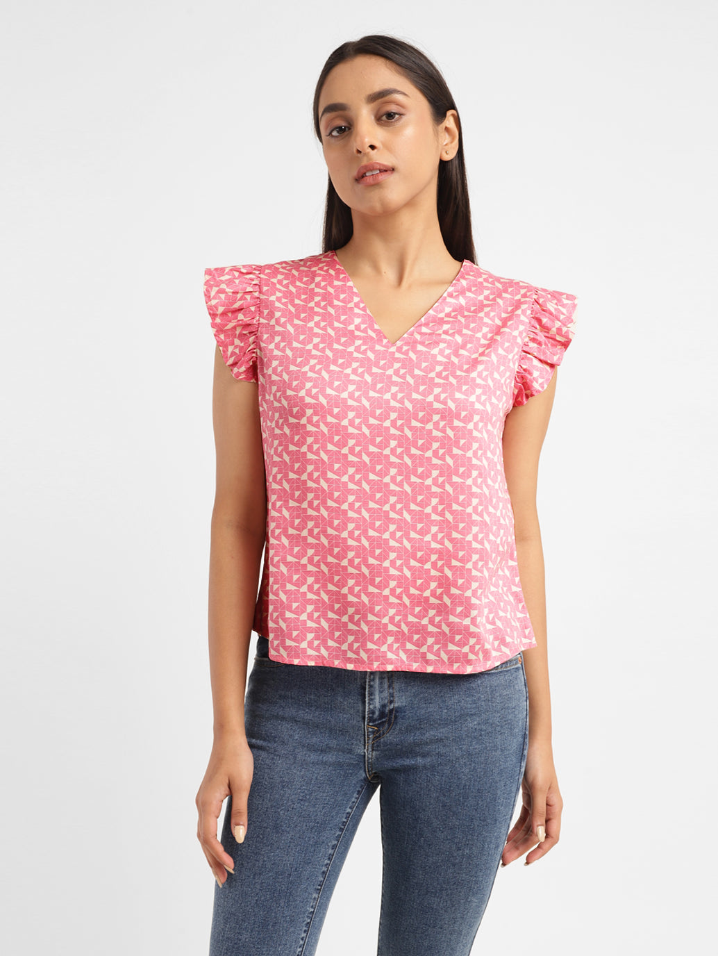 Women's Geometric Pink V Neck Top - aa45160c-8d4f-4b01-92dc-970e1cd05af9 View