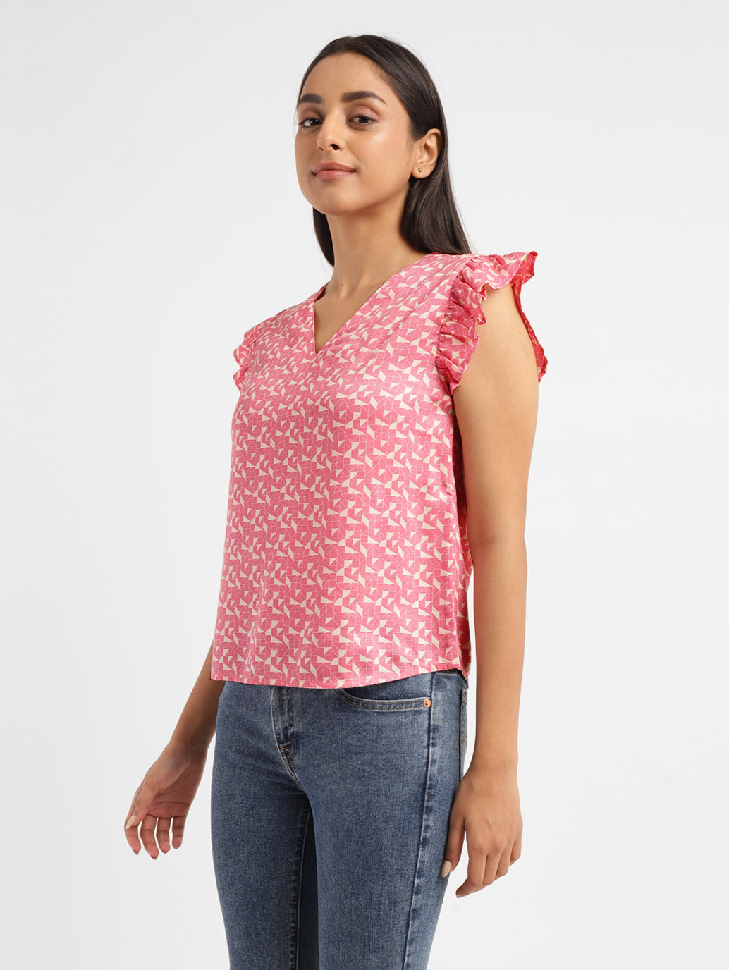 Women's Geometric Pink V Neck Top - 3a0b5de4-e830-423a-813e-9fd5344f01c2 View