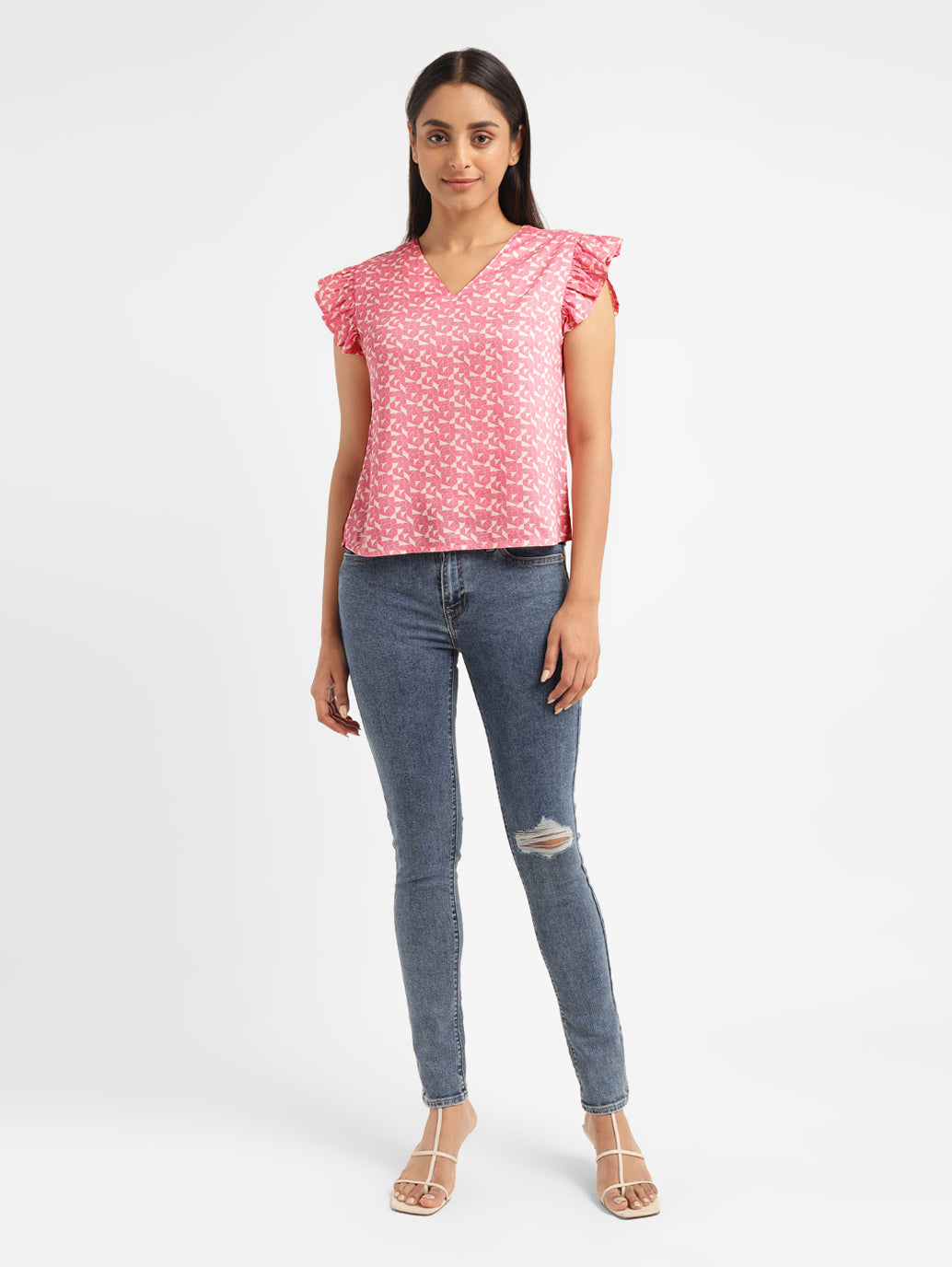 Women's Geometric Pink V Neck Top - ba48816d-b002-4f2b-b4a8-6f16346801e8 View
