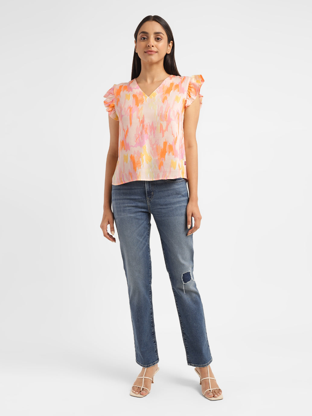 Women's Abstract V Neck Top - Front View