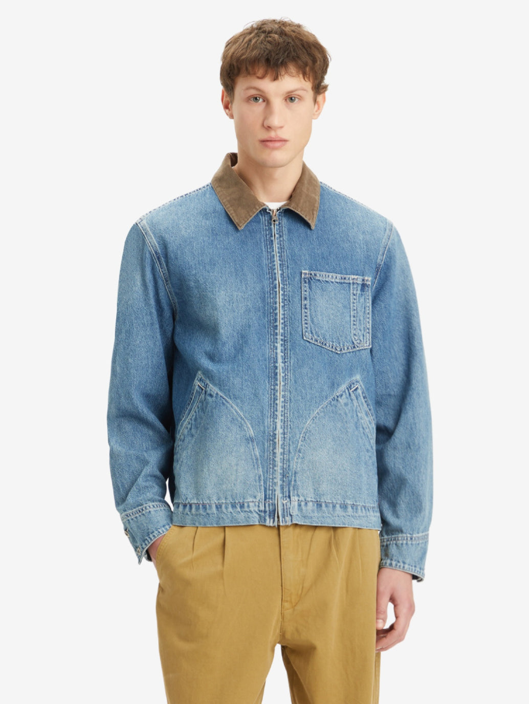 Men's Solid Blue Spread Collar Denim Jacket - 410fddd6-22ee-4bf3-8a92-c3fc4a248031 View