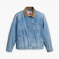 Men's Solid Blue Spread Collar Denim Jacket - Flatlay View