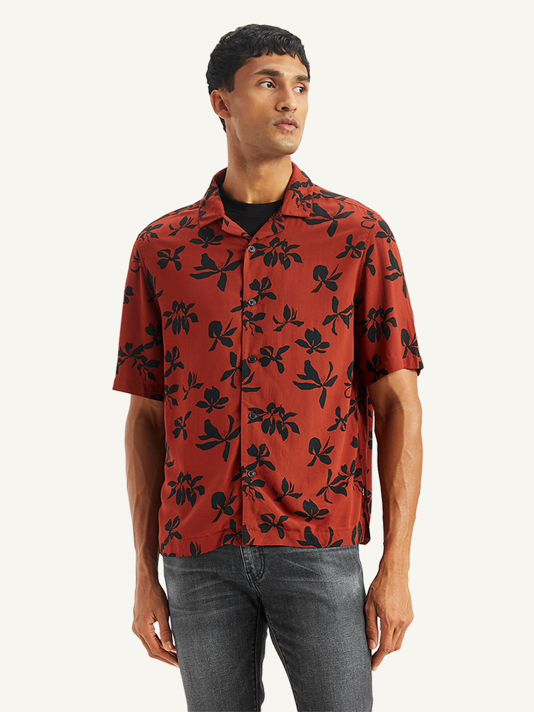 Men's Floral Print Relaxed Fit Camp Shirt - Front View