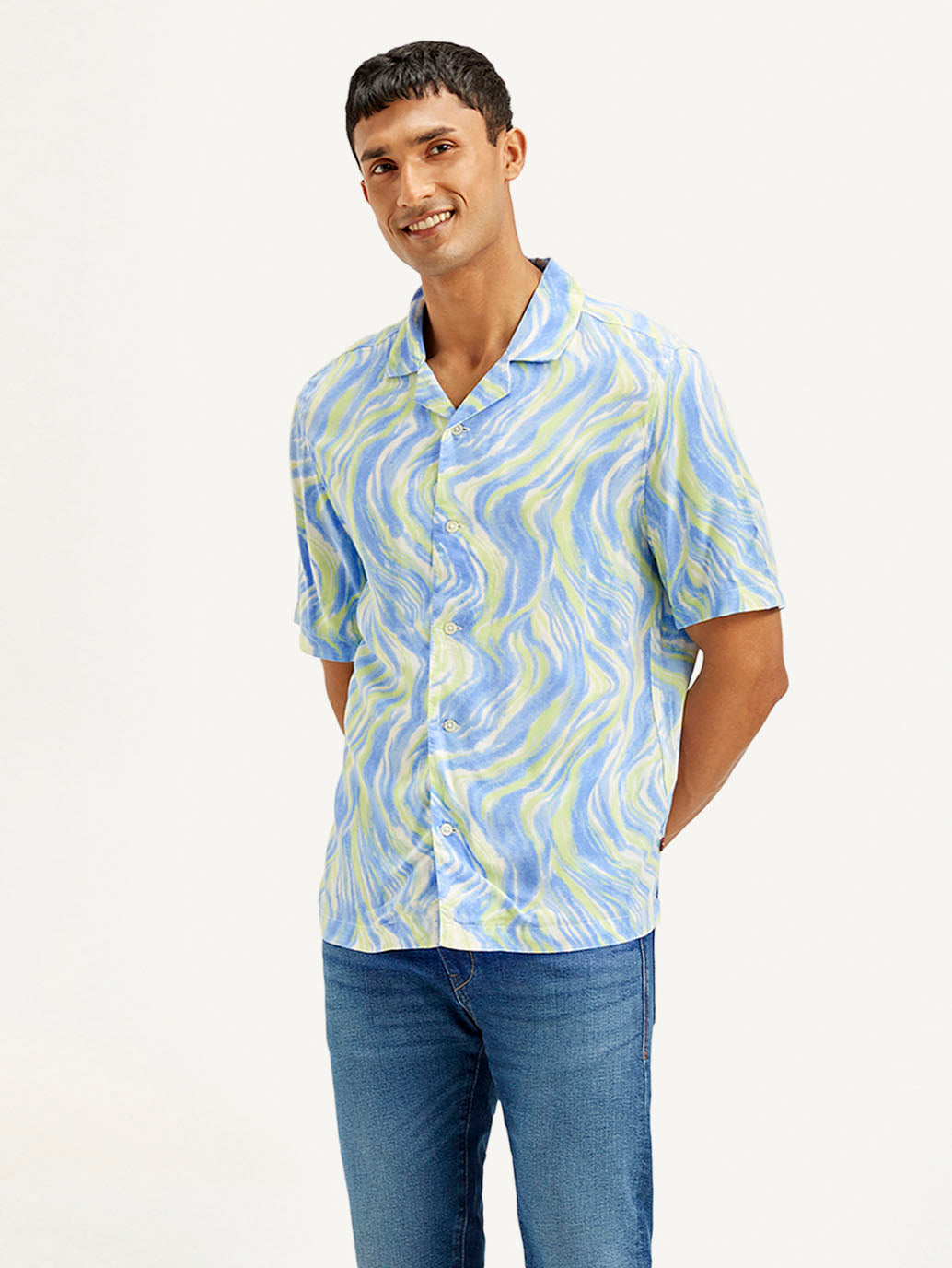 Men's Resort Collar Abstract Relaxed Fit Shirt - Front View