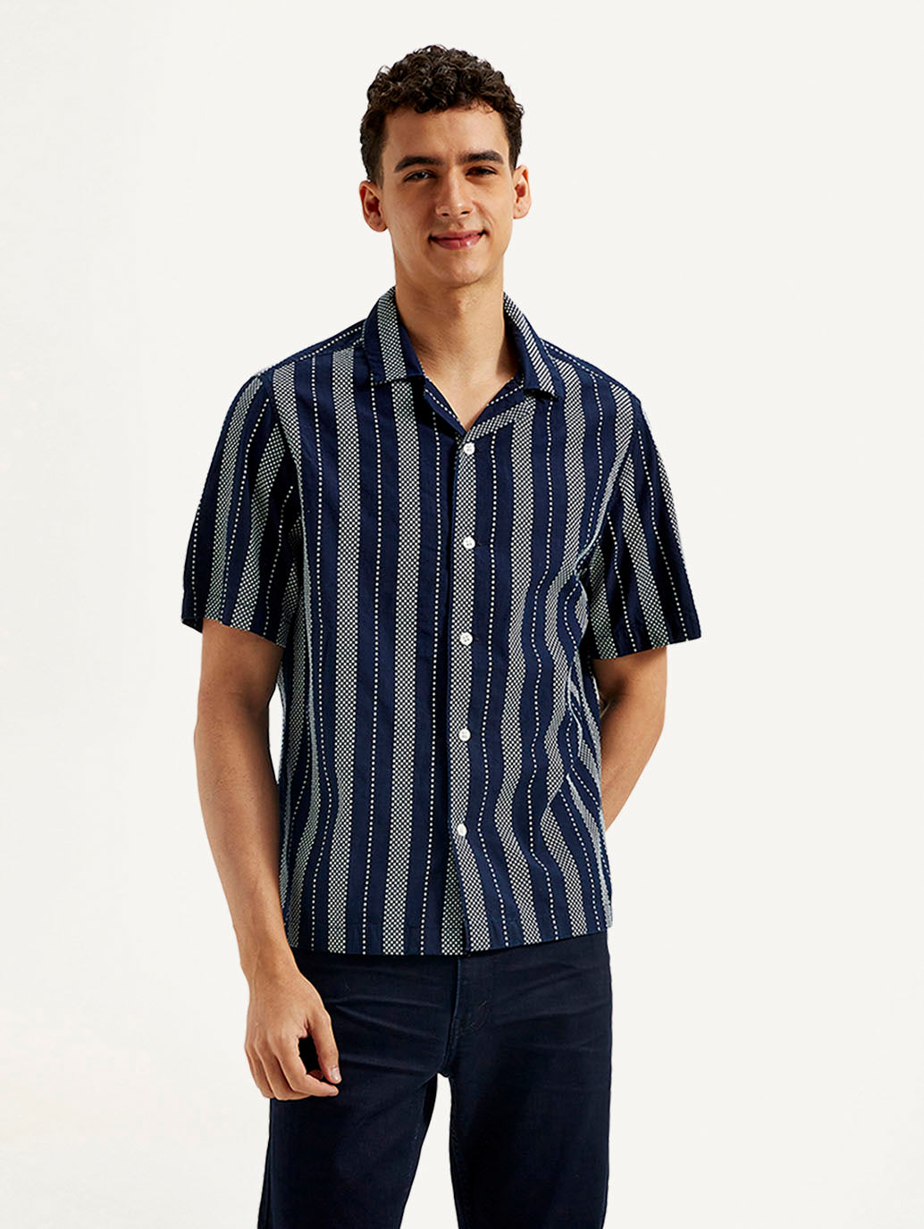 Men's Resort Collar Striped Relaxed Fit Shirt - Front View