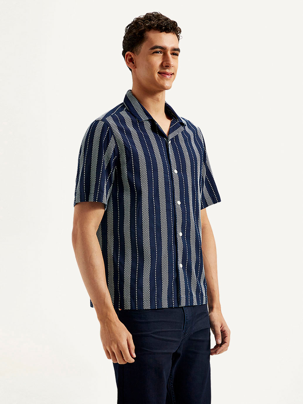 Men's Resort Collar Striped Relaxed Fit Shirt - Side View
