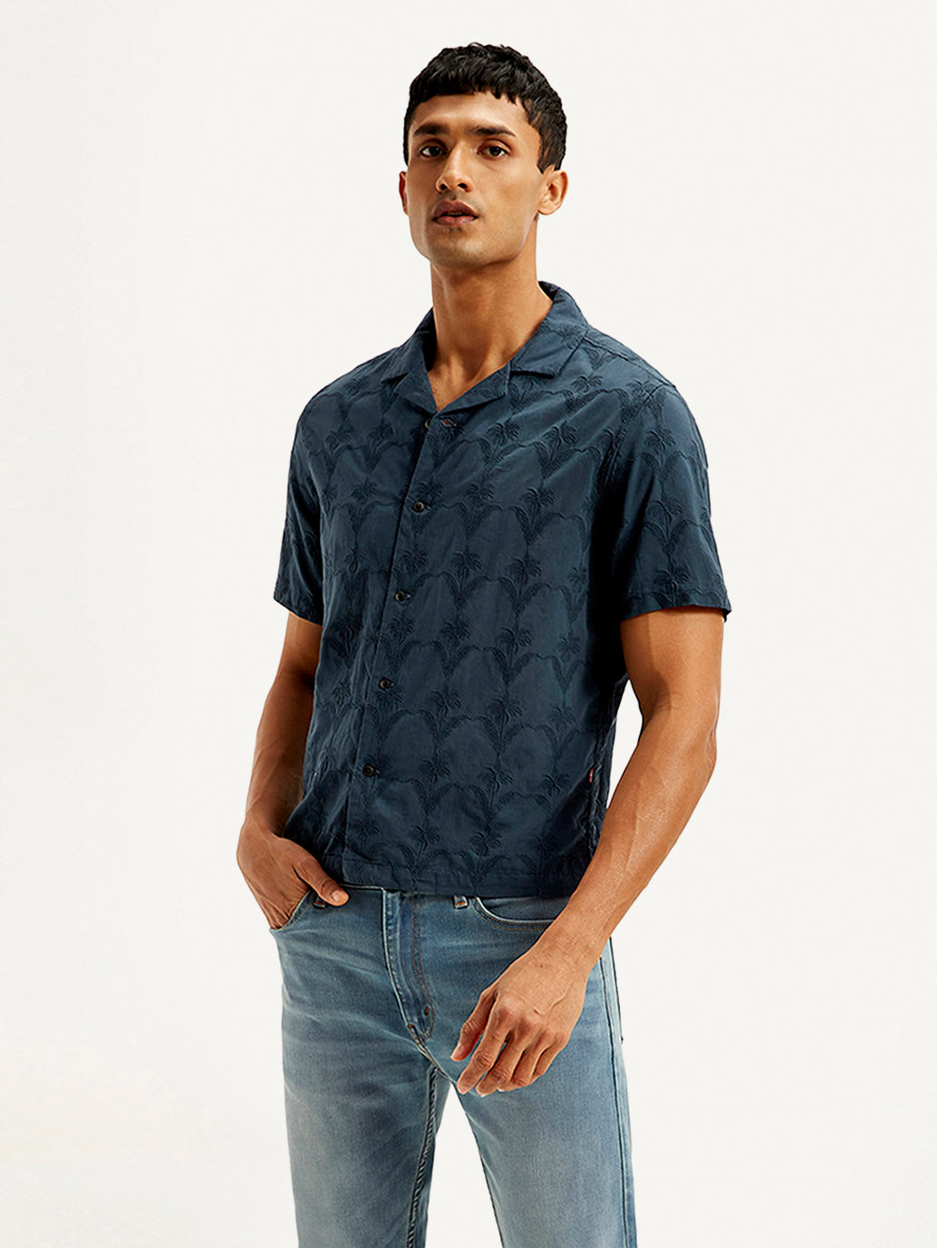 Men's Embroidered Resort Collar Relaxed Fit Shirt - Styleshot View